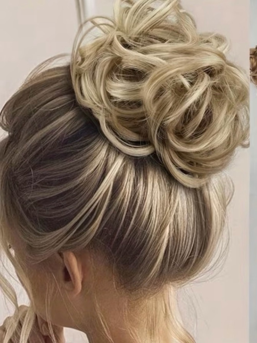 Light Blonde Streaked Human Hair Elastic Messy Bun, Stretchy Donut, 6”